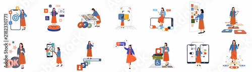 Set of flat vector illustrations of a woman character interacting with digital technology, mobile app interfaces, and social media concepts.