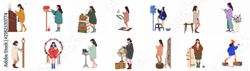 Set of flat vector illustrations featuring women engaged in diverse hobbies and lifestyle activities such as reading, traveling, gardening, and creative pursuits.