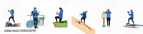 Illustration set of a professional photographer in various outdoor adventure scenarios including mountains, coastlines, and snow, capturing nature with camera equipment.
