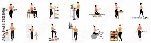 Set of illustrations showing a young woman organizing her home, decluttering, tidying up, and managing various household tasks in a minimalist style.