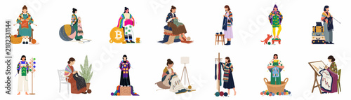 Large collection of flat vector illustrations featuring diverse women engaged in knitting, crocheting, and fiber arts, isolated on a white background.