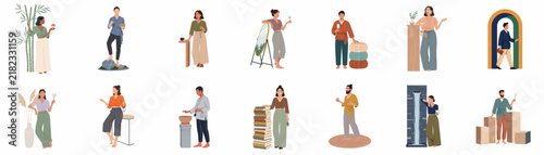 Diverse set of flat vector illustrations featuring men and women in various poses with everyday objects and plants on a white background.