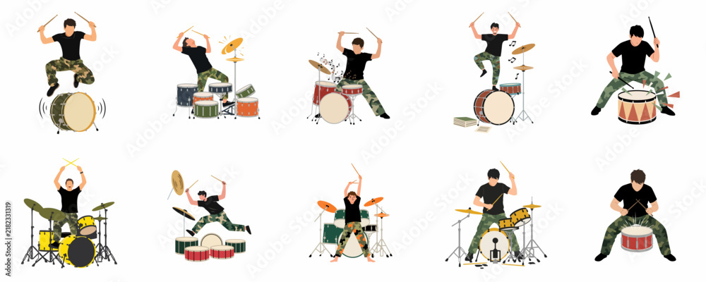 Obraz premium A set of ten illustrations showing an energetic male drummer in camouflage pants playing various drum kits in dynamic poses on a white background.