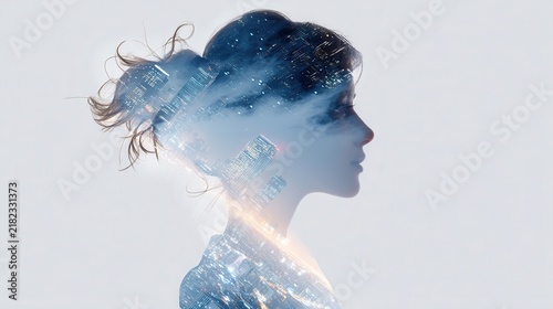 Double exposure silhouette of a woman with starry night sky and glowing light effects