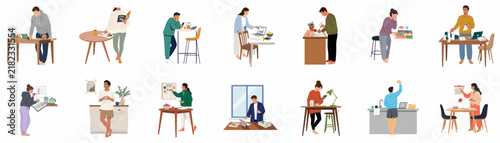 Set of Minimalist Flat Illustrations Depicting Diverse People Engaging in Various Daily Activities, Working From Home, and Doing Chores.