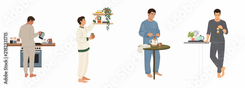 Set of minimalist illustrations showing a young man in pajamas performing various morning routine activities like making tea and organizing.