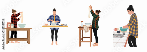 Illustration set depicting a young woman in flannel shirts demonstrating the various steps of baking homemade sourdough bread on a white background.