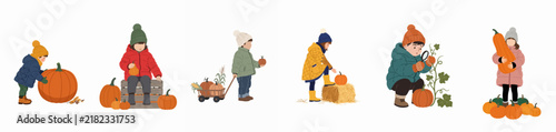 Set of cute children in autumn clothes playing with pumpkins, picking harvest, and enjoying outdoor seasonal activities on white background.
