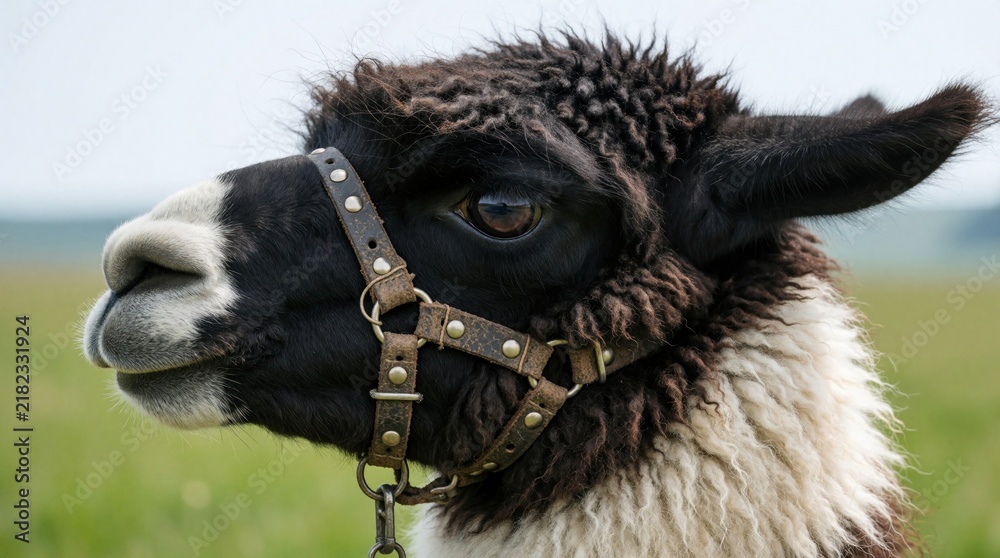 Fototapeta premium Close up profile of black, white llama. Fluffy mammal wears leather halter with metal studs in green pasture. Cute domestic animal head portrait in nature, looking sideways. Farm animal with soft