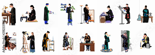 A collection of detailed illustrations depicting men and women in traditional Asian robes engaged in various daily chores, modern work, and relaxing hobbies.