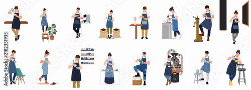 A comprehensive set of professional barista characters in blue aprons performing various coffee-related tasks like brewing, roasting, and serving, isolated on white background.