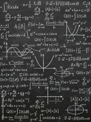 Complex Mathematical and Physics Formulas and Equations Hand-Drawn with White Chalk on a Dark Blackboard Background
