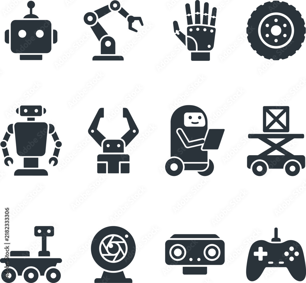 Fototapeta premium Robotics and Industrial Automation Solid Glyph Icons Vector Set