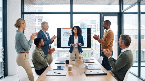 Diverse business team applauding a female manager for reaching a project milestone in a modern corporate office meeting room, celebrating success and teamwork together