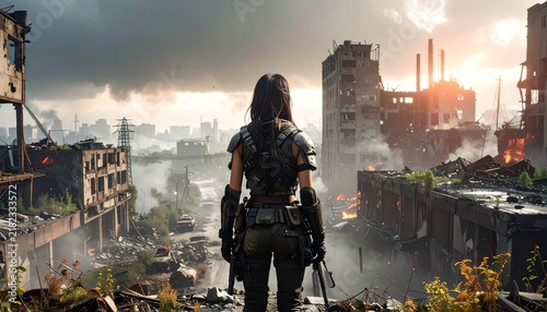 Futuristic Post-Apocalyptic Warrior Overlooking Destroyed City