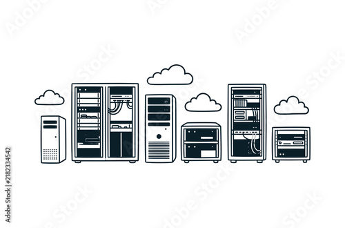 Line Art Illustration of Data Center Server Racks Cloud Computing Network Hardware Infrastructure