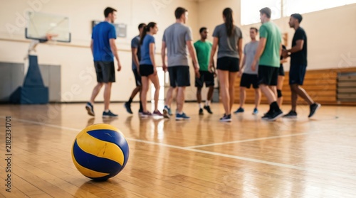 Diverse group of young adult men and women standing in a circle with a volleyball on a gym floor during training, representing teamwork and sports strategy.