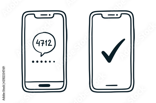 Mobile smartphone security verification and authentication doodle icon set on white background