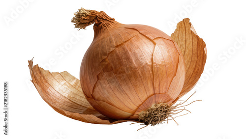 Whole brown onion with dry papery skin layers, isolated on transparent background