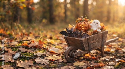 Charming halloween scene with a miniature wooden cart filled with pumpkins a ghost and bats in autumn leaves