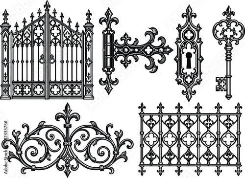 Vintage ornate iron gates and decorative metal elements set
