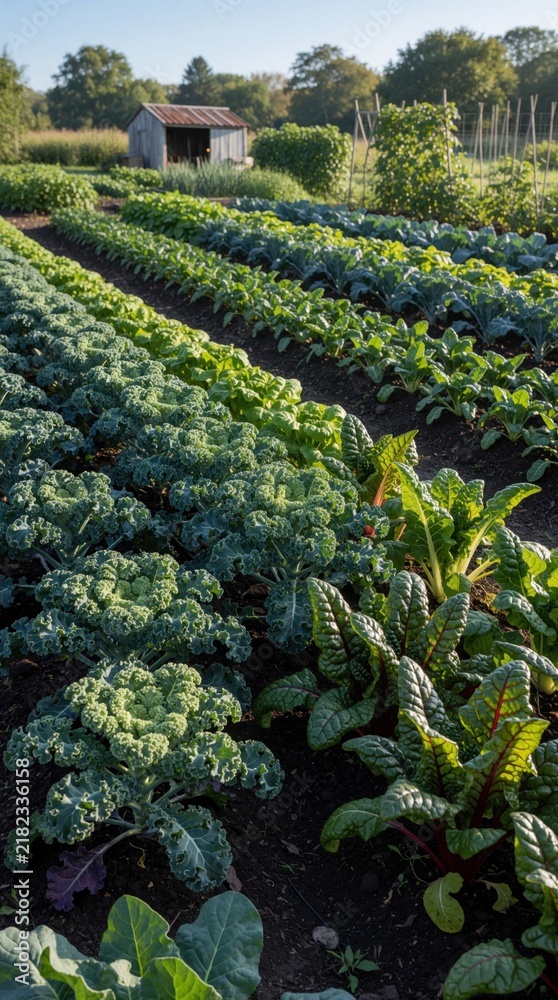 Fototapeta premium Rows of fresh organic kale and leafy greens grow in a farm field. A small weathered shed sits in the background under a clear blue sky. Healthy vegetables are planted in neat lines on fertile soil.