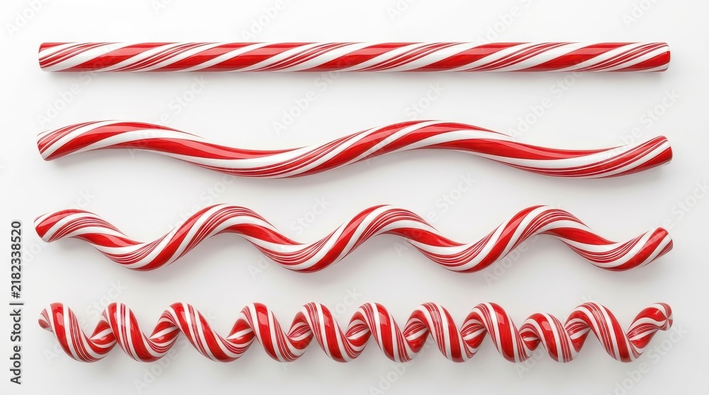 Obraz premium Red and White Striped Peppermint Candy Sticks in Various Shapes Isolated on White Background for Christmas Design