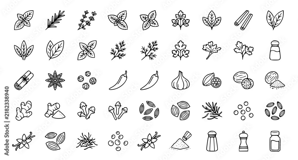 Fototapeta premium Herbs and spices thin line outline icon set with seasoning and aromatic ingredient symbols