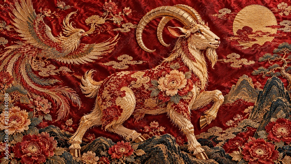 Obraz premium Chinese New Year 2027 Year of the Goat horizontal banner, embroidered goat with phoenix, peony flower, mountain landscape and golden sun. Festive background template with copy space for greeting text