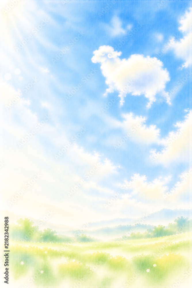 Naklejka premium 白い雲で表現した羊の抽象水彩背景 柔らかな光と透明感のある青空