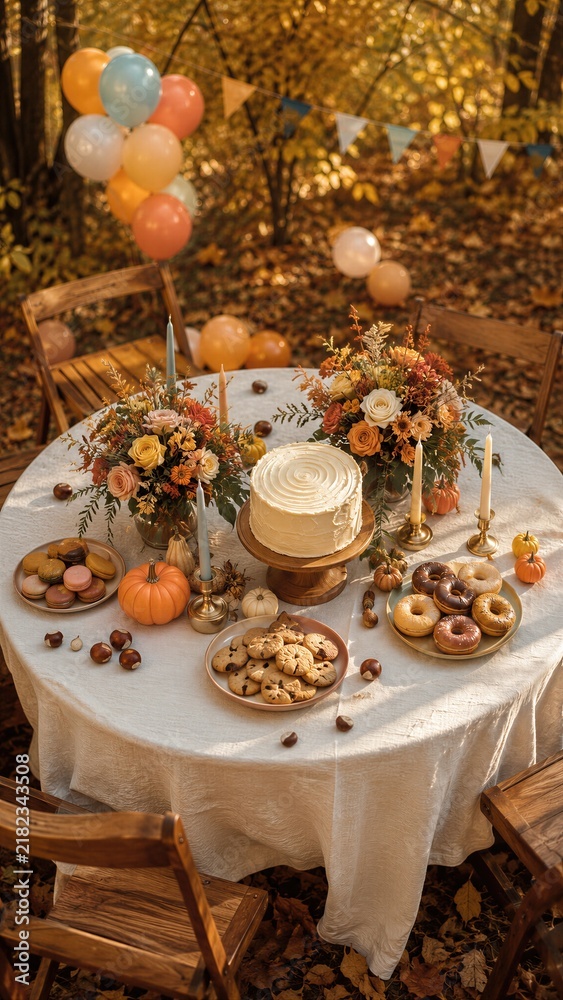 Obraz premium Festive table with cake, cookies, donuts and flowers decorated with balloons in autumn forest. Outdoor children birthday party in fall with pumpkins and candles. Cozy celebration in golden foliage.