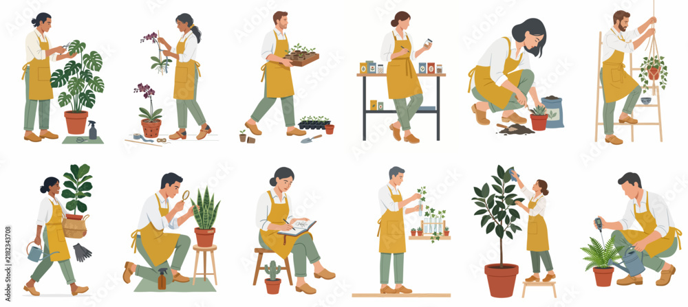 Obraz premium Flat Illustration Set of Diverse Gardeners and Plant Care Enthusiasts Tending to Various Indoor Houseplants in Yellow Aprons
