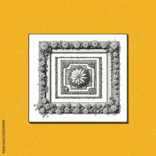 Geometric flowerbed design with central plant cluster on a contrasting background 