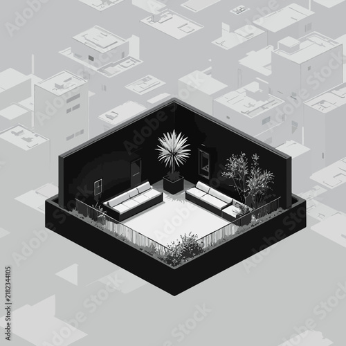 Minimalist monochrome architectural model of a modern urban rooftop with lounge area