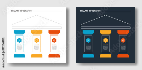 3 pillars infographic template with three column temple pediment hexagon diagram, white and dark version, flat style