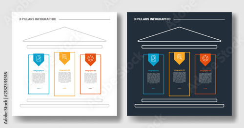 3 pillars infographic template with three pentagon ribbon bookmark tab diagram, white and dark version, flat style
