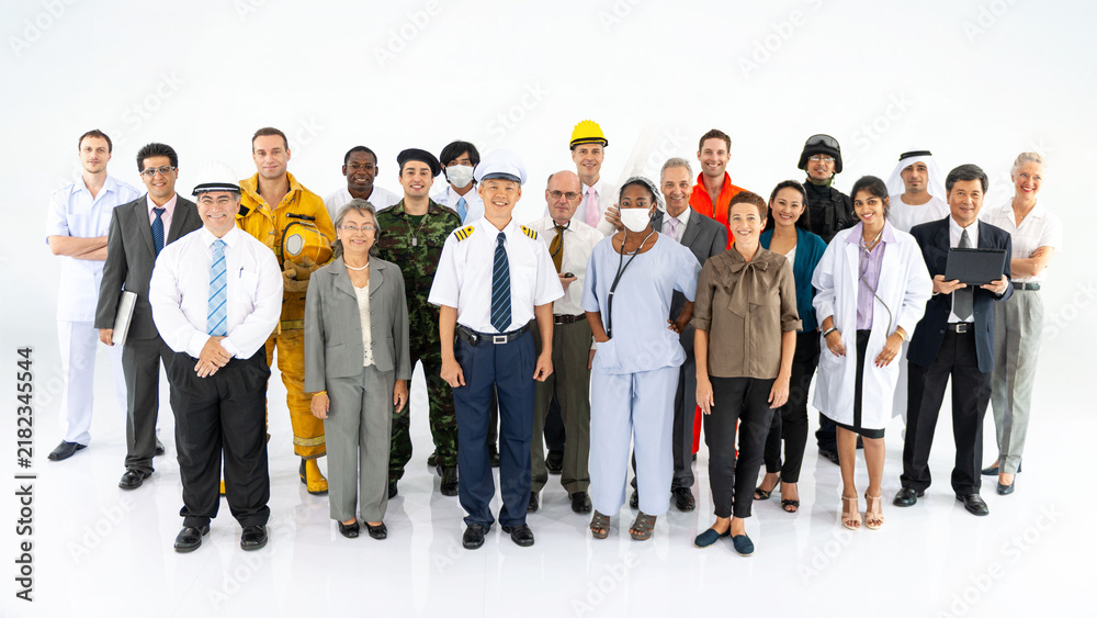 Obraz premium Diverse group of professionals in various uniforms and attire.