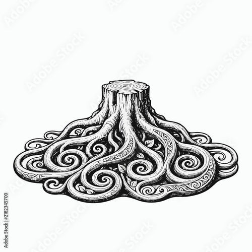 Illustration of a tree stump with intricate roots in black and white design