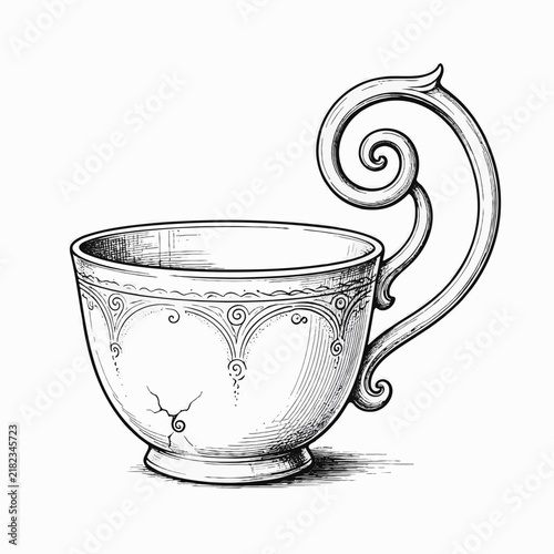 Vintage porcelain cup with intricate designs, elegant, artistic background, copy space
