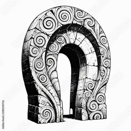 Decorative horseshoe archway design, ornate patterns, monochromatic, architectural feature