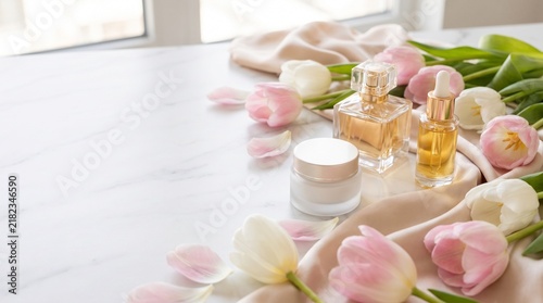 Elegant pink and white tulips with perfume bottles and cosmetic jar on marble, ideal for beauty gift concepts and spring greeting card backgrounds
