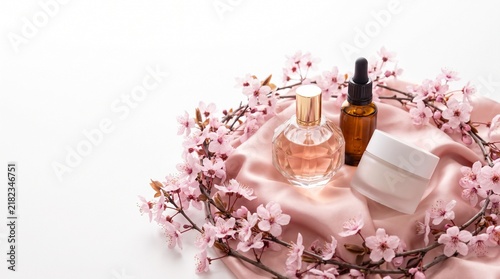 Elegant Skincare and Perfume Set Surrounded by Delicate Spring Cherry Blossom Flowers on Soft Pink Silk Fabric for Beauty Concept