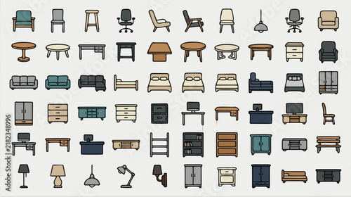 Furniture Symbols Stock Asset Sheet Vector Icon Set - Flat Design Symbols Collection Featuring home, interior, chair, table, vector for Web, App, UI and Business Presentation, Editable Stroke...