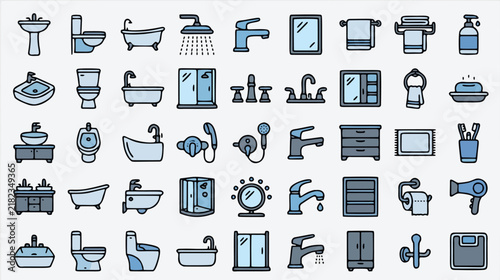Bathroom Equipment Stock Icon Co Vector Icon Set - Flat Design Symbols Collection Featuring equipment, co, shower, toilet, sink for Web, App, UI and Business Presentation, Editable Stroke...