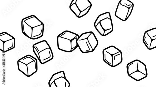 Vector line art illustration of falling ice cubes with bold outlines for drink and beverage graphic design