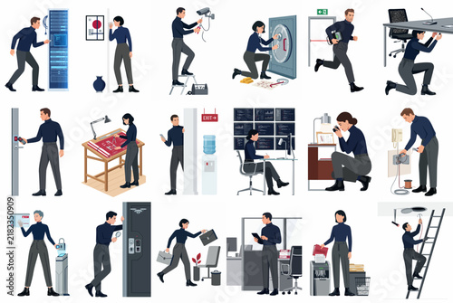Canvas Print A collection of illustrations depicting corporate spies and thieves performing clandestine activities like hacking, document theft, and security system tampering