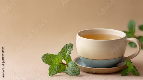 cup of peppermint tea, pastel beige background
