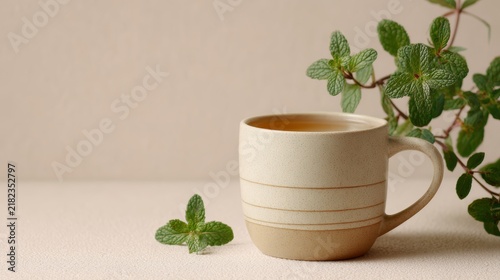 cup of peppermint tea, pastel beige background