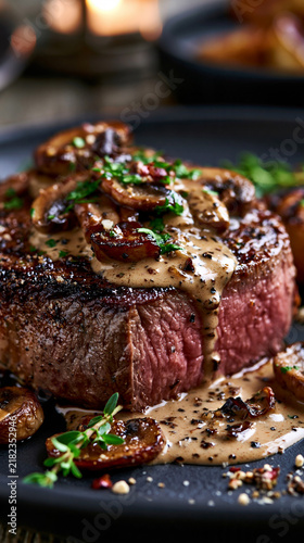 grilled steak with golden crust and herbs, juicy gourmet steak served on plate, tender seared beef steak with savory seasoning