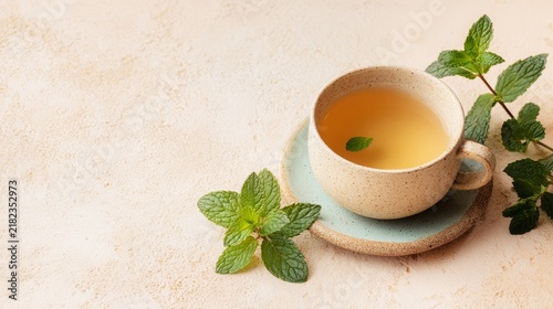 cup of peppermint tea, pastel beige background